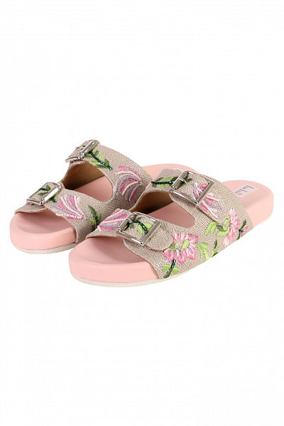 Pink floral embroidered flats