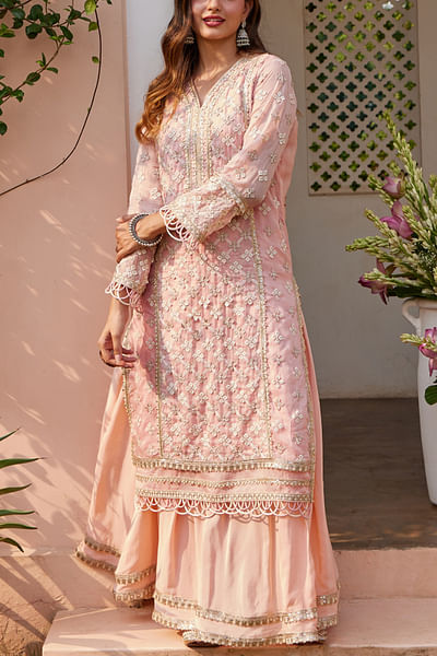 Pink floral embroidered kurta and skirt set