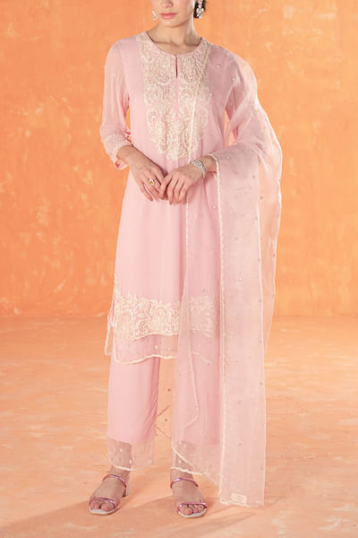 Pink floral embroidered kurta set