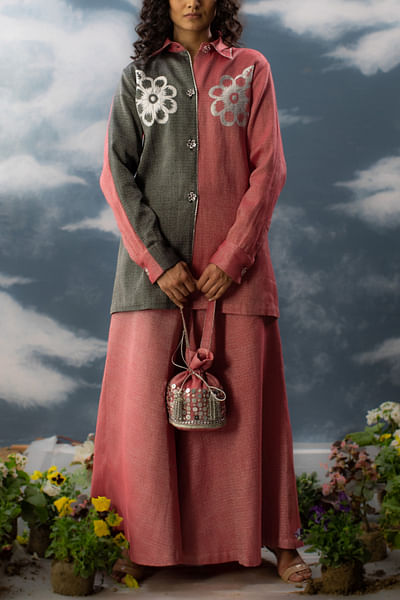 Pink floral embroidered shirt and skirt