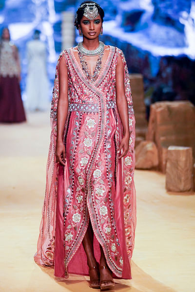 Pink floral embroidery angrakha gown