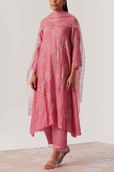 Pink floral embroidery asymmetric kurta set