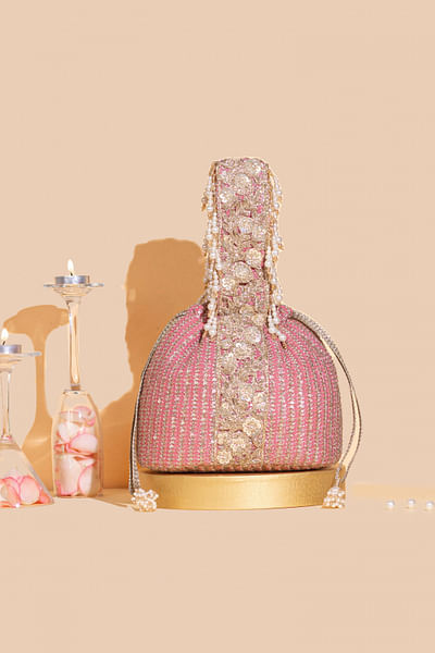 Pink floral embroidery bucket bag