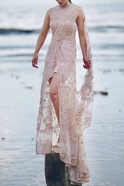 Pink floral embroidery draped gown
