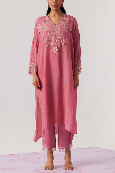 Pink floral embroidery kaftan kurta set