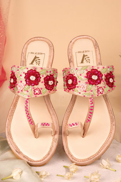 Pink floral embroidery kolhapuri flats