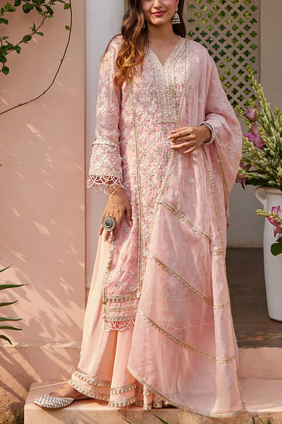 Pink floral embroidery kurta and skirt set
