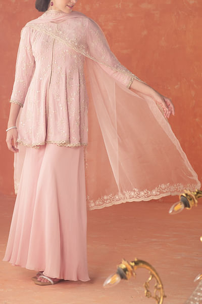 Pink floral embroidery peplum and sharara set