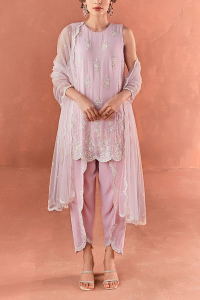 Pink floral embroidery short kurta set