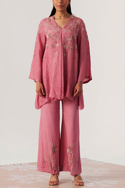 Pink floral embroidery tunic set