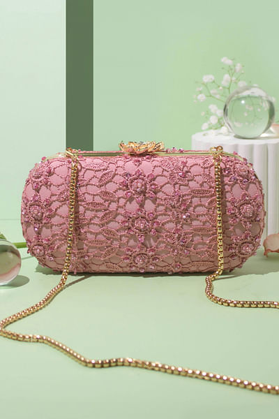 Pink floral lace cutwork clutch