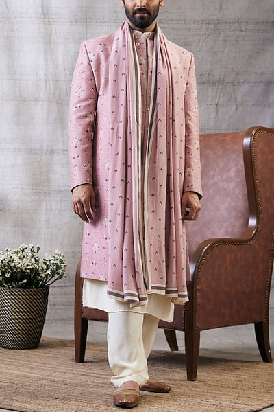 Pink floral motif print sherwani set