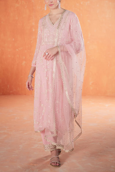 Pink floral pearl embroidery kurta set