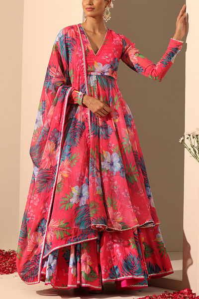 Pink floral print anarkali and lehenga set