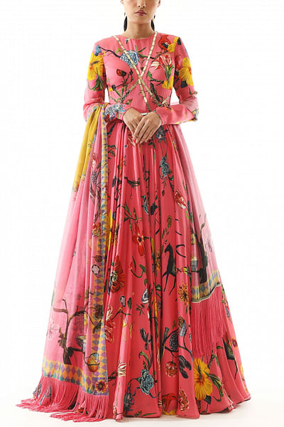 Pink floral print anarkali set