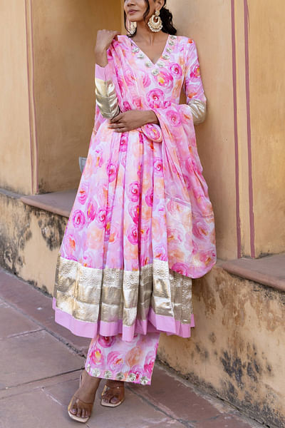 Pink floral print anarkali set