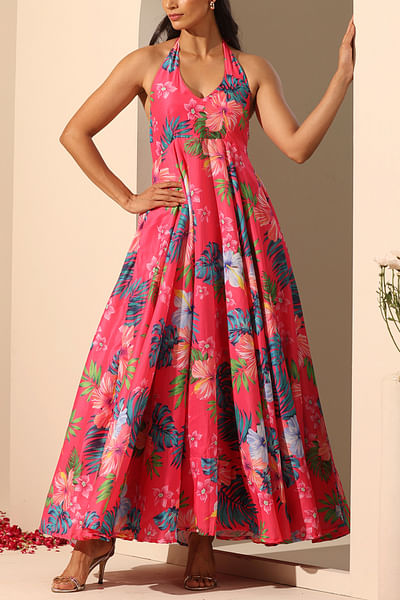 Pink floral print halter dress
