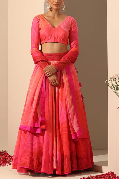 Pink floral print lehenga set
