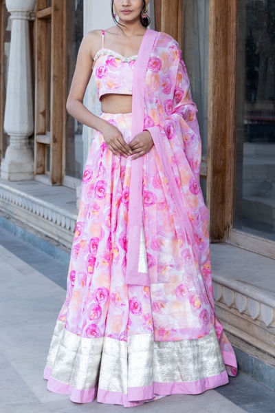 Pink floral print lehenga set
