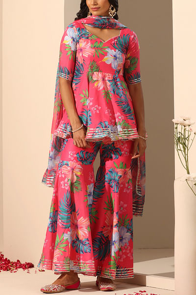 Pink floral print muslin sharara set