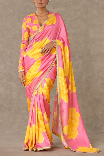 Pink floral print sari set