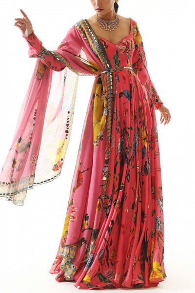 Pink floral printed anarkali set
