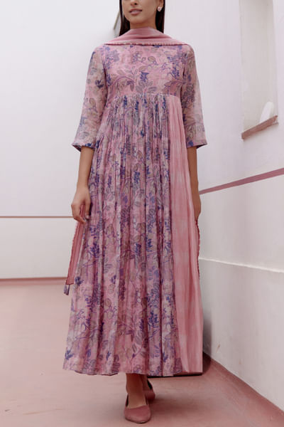 Pink floral printed anarkali set