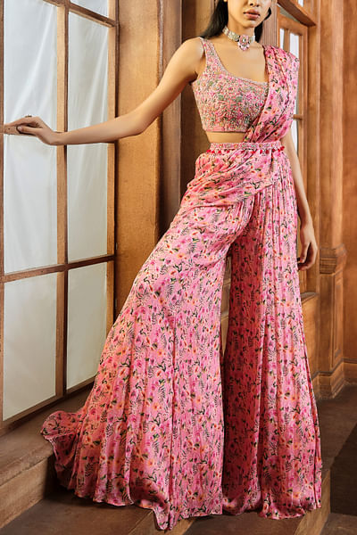 Pink floral printed draped sharara sari set