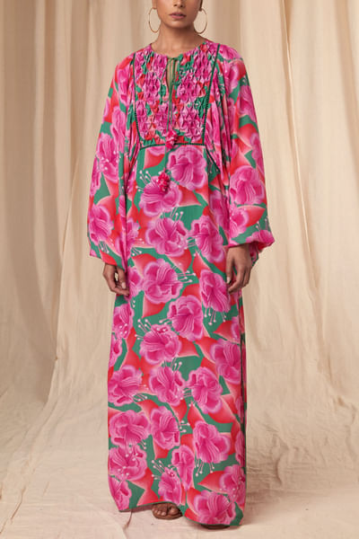 Pink floral printed kaftan and belt