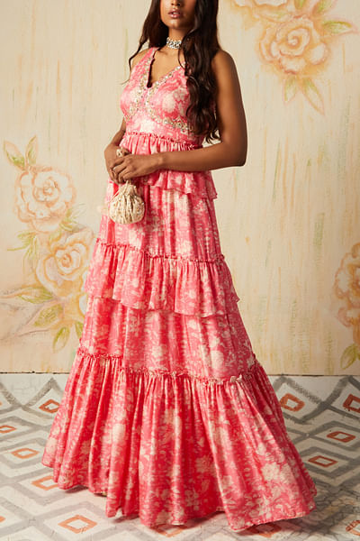 Pink floral printed layered gown
