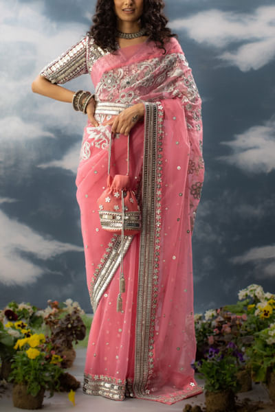 Pink floral patchwork sari set