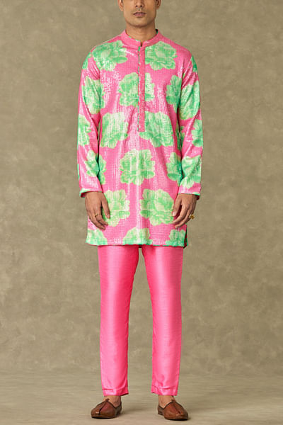 Pink floral sequined short kurta set
