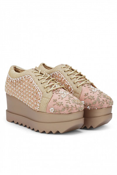 Pink floral zari embroidery wedge sneakers