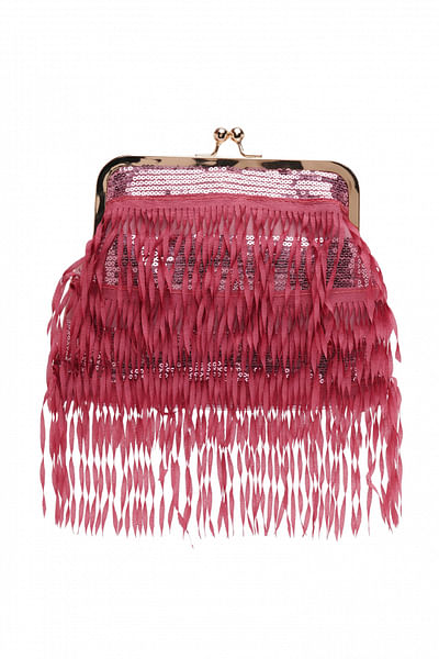Pink fringe embellished pouch clutch