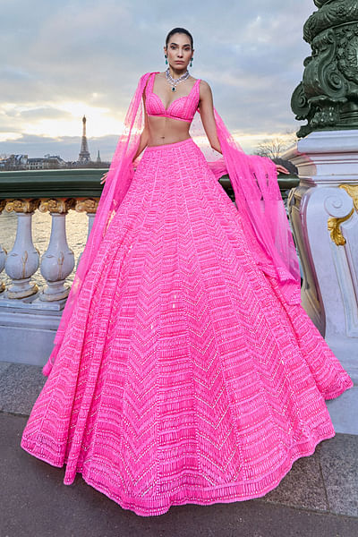Pink geometric sequin embellished lehenga set