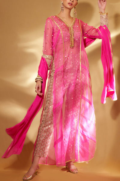 Pink gota and pearl embellished sheer kurta set