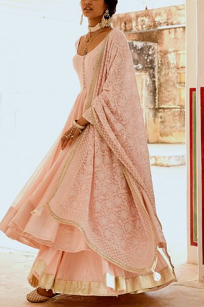 Pink gota patti and chikankari embroidered anarkali and skirt set