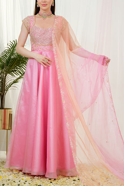 Pink hand embroidered anarkali gown set