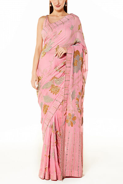 Pink hand embroidered sari set