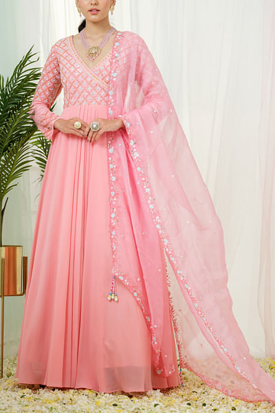 Pink hand embroidery anarkali gown set