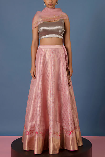 Pink handwoven banarasi kadhwa satin silk lehenga set