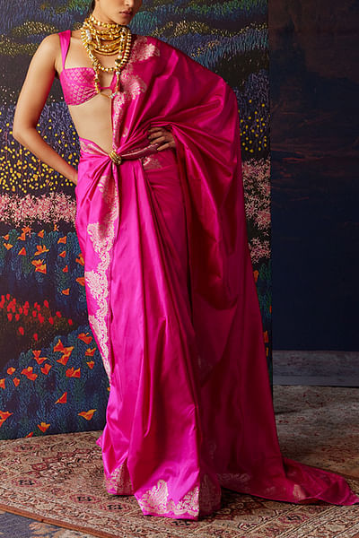 Pink handwoven banarasi silk saree set