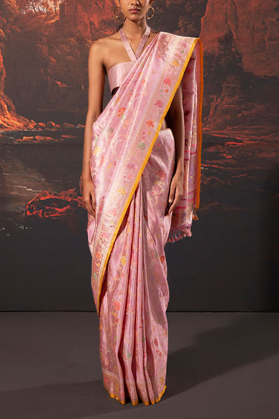 Pink handwoven zari tissue saree set