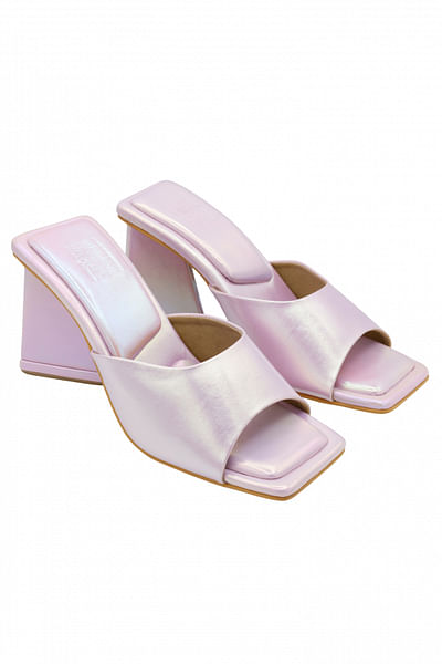 Pink holographic block heels