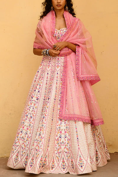 Pink kashmiri thread embroidered lehenga set