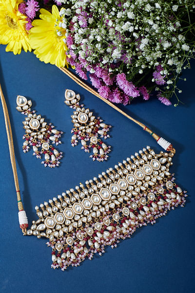Pink kundan and pearl choker set