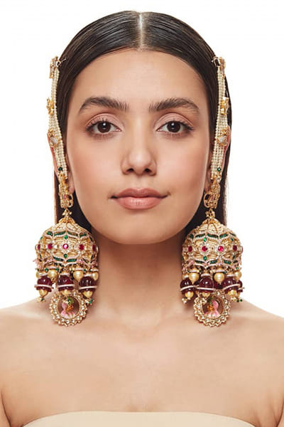 Pink kundan and pearl jhumkas with extensions