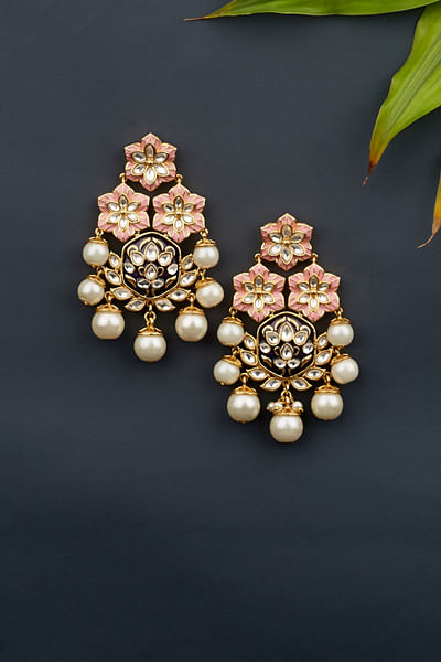 Pink meenakari and pearl earrings