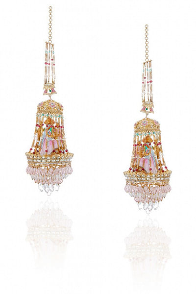 Pink meenakari polki chandelier earrings with extensions