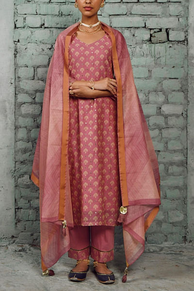 Pink mirror embellished kurta set